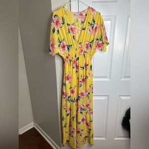 Favlux Yellow Floral Maxi Dress Wrap Style Elastic Waist Medium